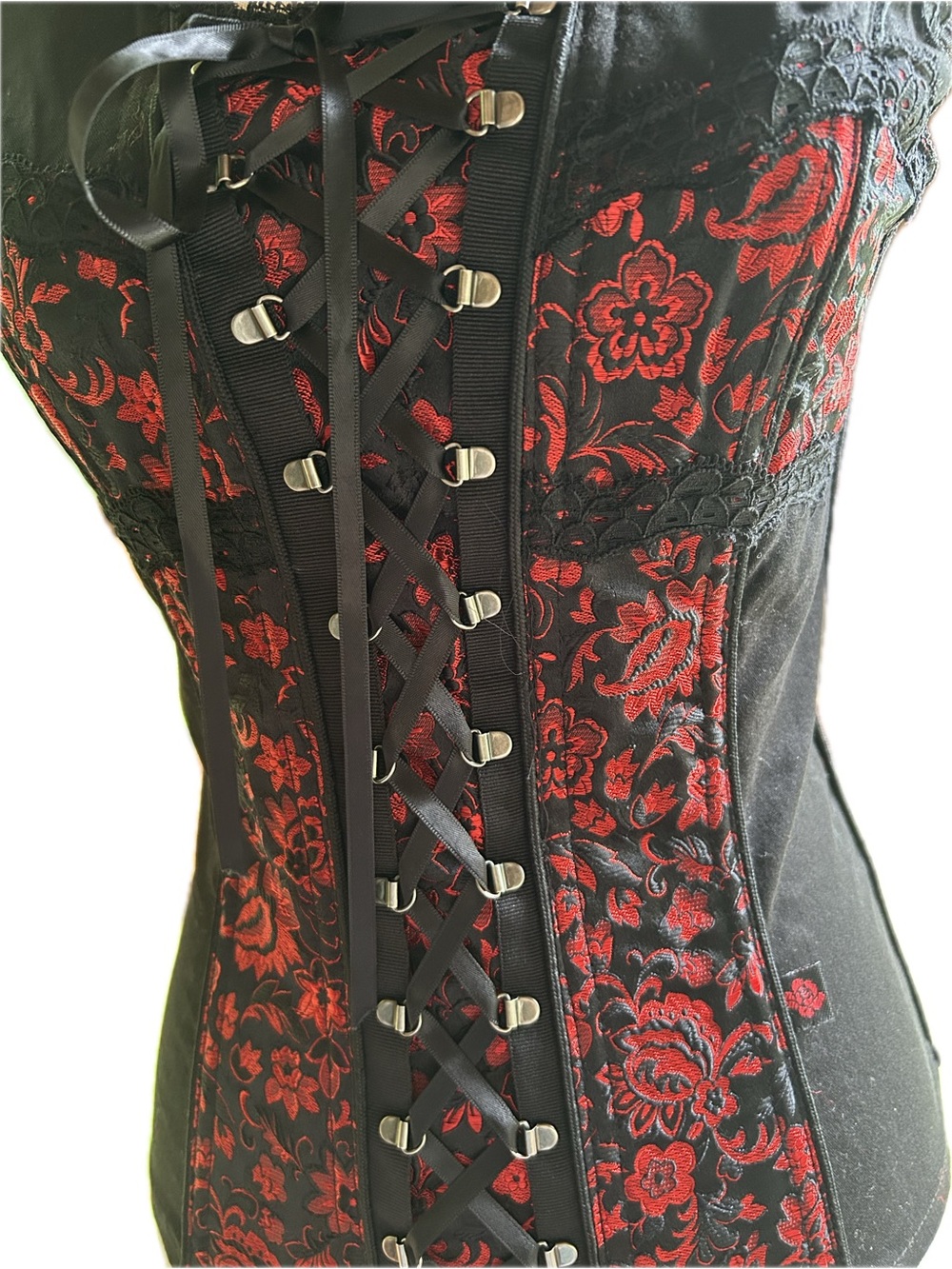 Tripp NYC Black and Red Floral Lace-Up Brocade Corset Top Milkmaid Style M NWT